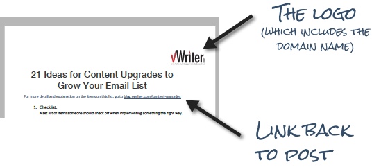How to create content upgrades - add your logo and a link back to the post for future traffic.