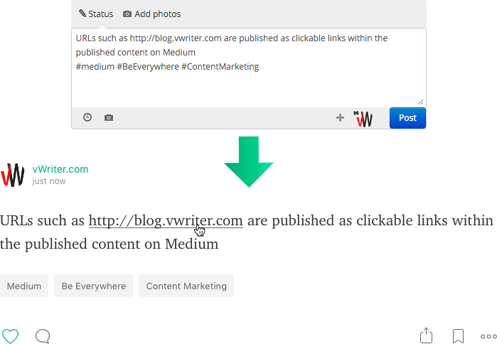 URLs are published as normal clickable links on Medium