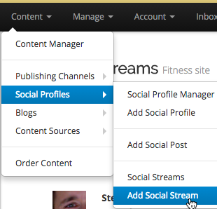 Add a Social Stream via Content > Social Profiles > Add Social Stream
