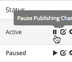 The Status column shows whether the Publishing Channel is Active or Paused