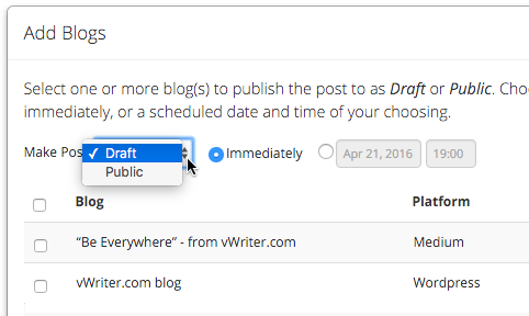 From the dialog, select the blogs you want the post to be published to