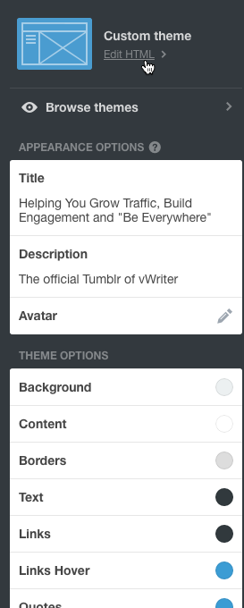 Edit the theme's settings from within Tumblr