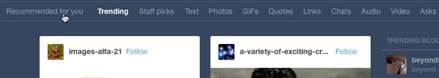 On the explore page, there's a sub-menu to access other types of content on Tumblr