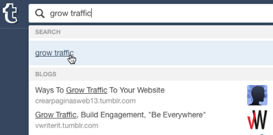 A drop-down appears as you search on Tumblr