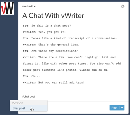 Example of creating a chat post on Tumblr