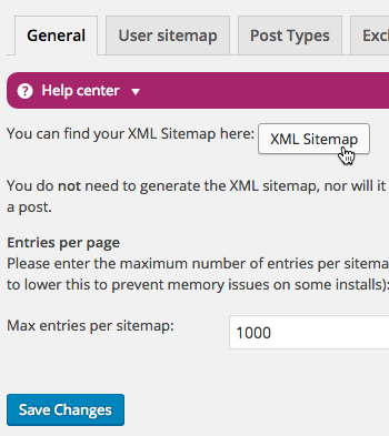 Click the button to view the XML SItemap provided by Yoast after activating