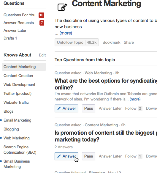 Click through on topics you know about to find suitable questions to answer