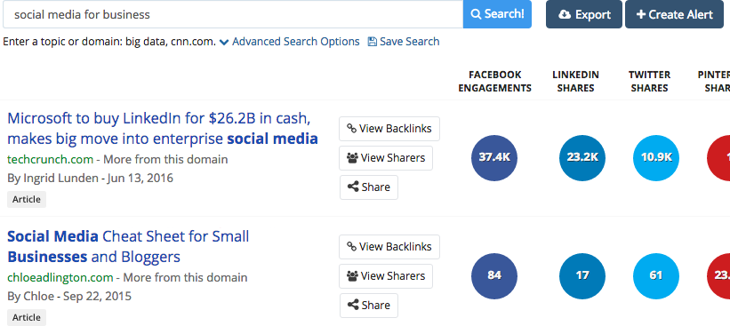 Searching on BuzzSumo for content with high social engagement