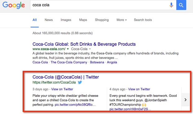 Content on Twitter can also show on SERPs